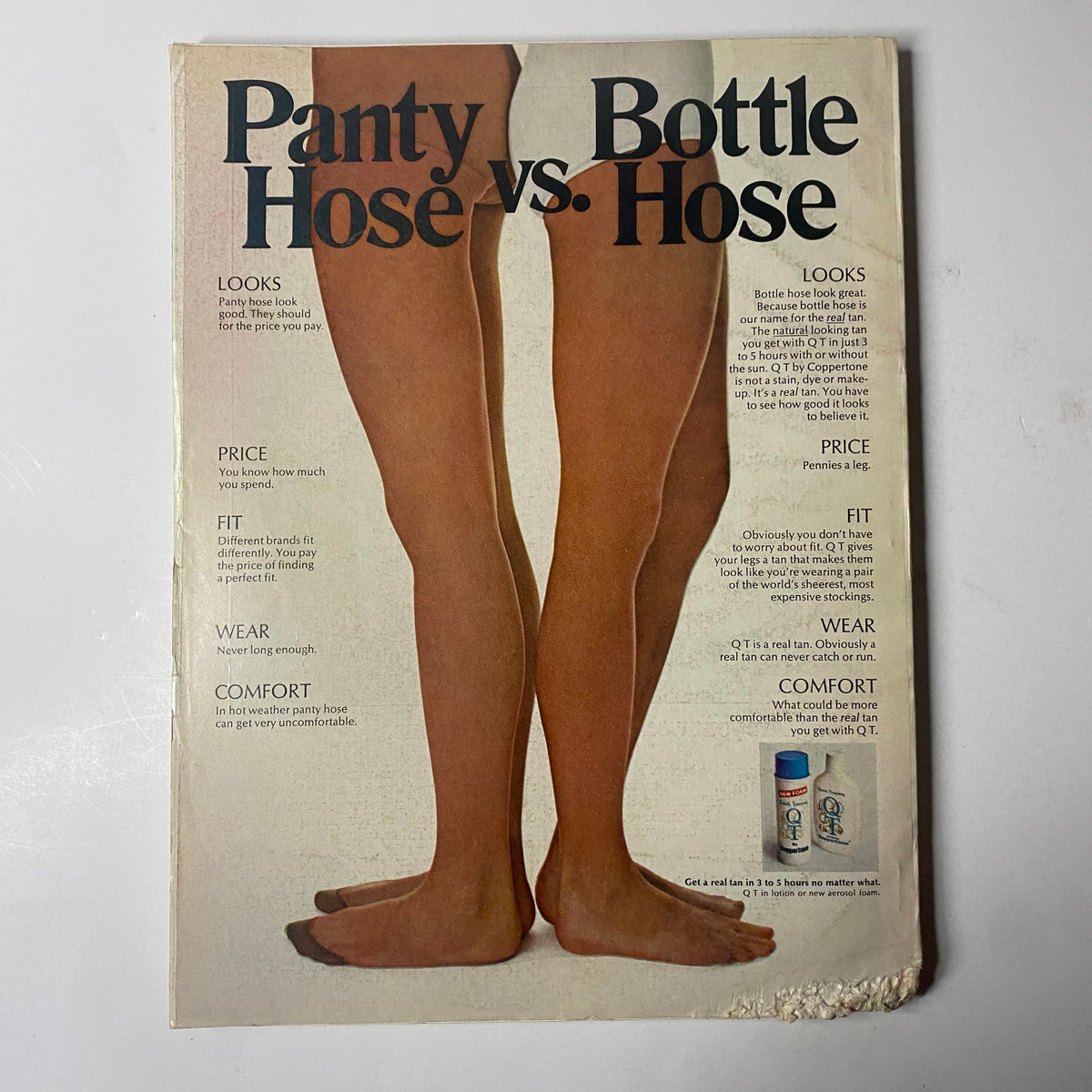 Advertisement from Cosmopolitan Magazine June 1972 comparing pantyhose and bottle hose, illustrating product details with a focus on women's fashion.