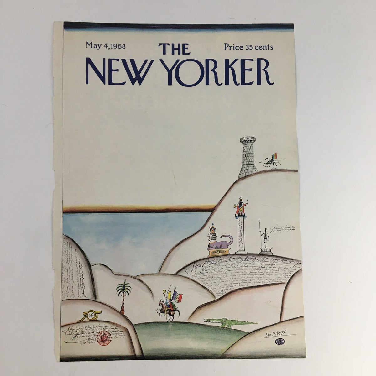 COVER ONLY The New Yorker May 4 1968 Full Cover Theme by Saul Steinberg featuring whimsical illustration of urban life with a horseman, palm tree, and stylized landscapes.