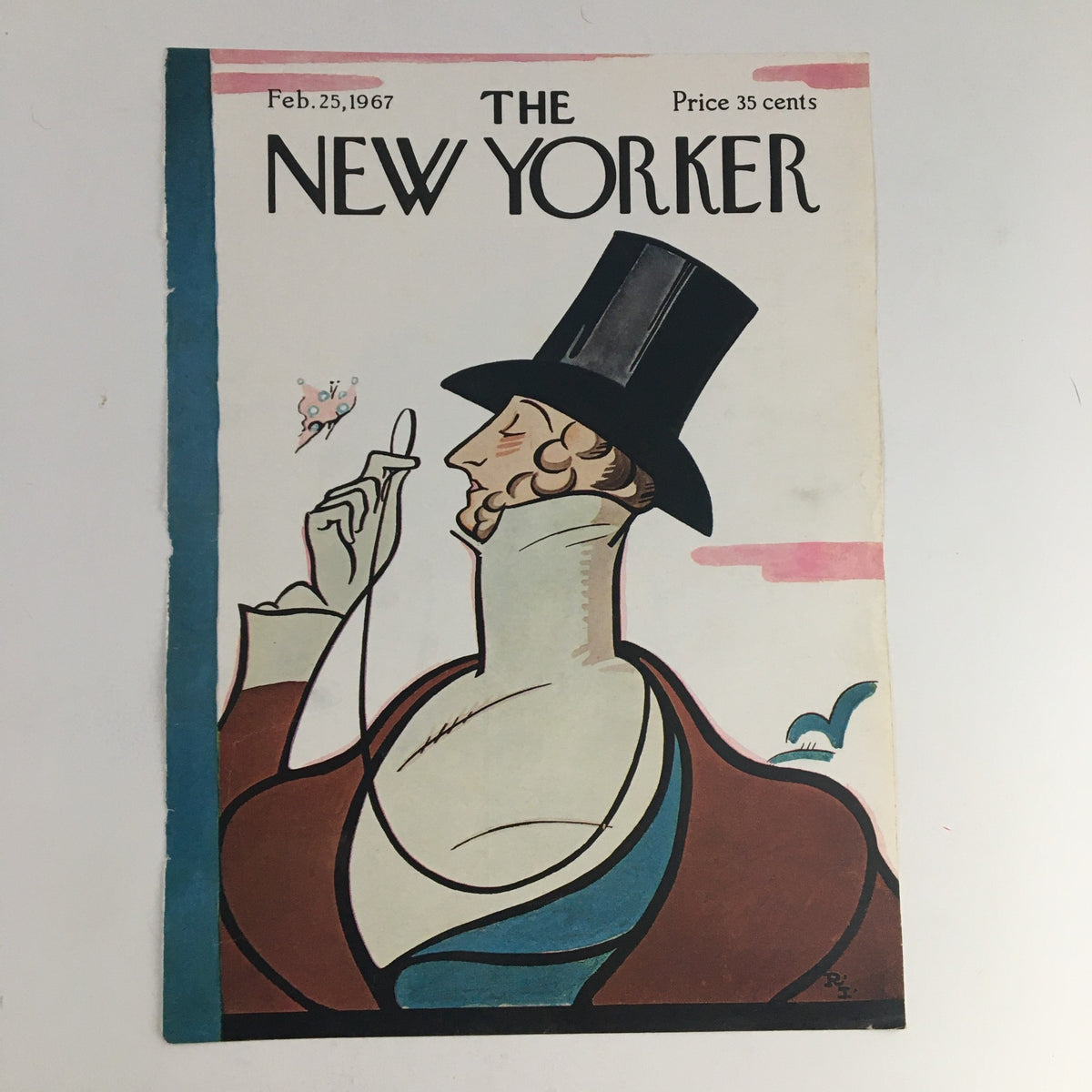 Cover of The New Yorker from February 25, 1967, featuring an artistic illustration by Rea Irvin, showcasing a gentleman in a top hat against a soft pastel background.