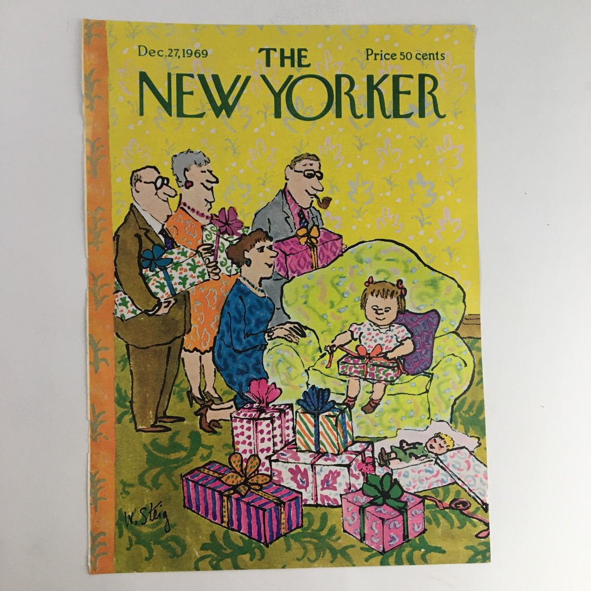Cover of The New Yorker dated December 27, 1969, illustrated by William Steig, featuring a colorful scene of a family gathering with gifts and a child playing.