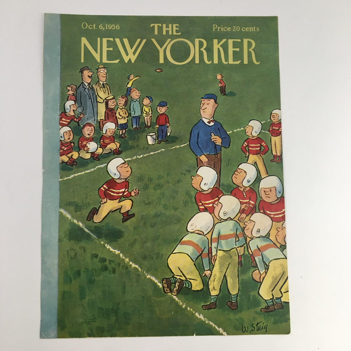 Cover of The New Yorker, October 6, 1956 by William Steig, depicting a lively children's football game with young players in helmets and a supervising coach.