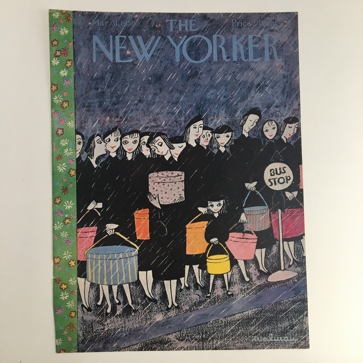 COVER ONLY The New Yorker March 31 1956 showcasing Christina Malman's artistic interpretation of a bus stop scene with figures holding various colorful baskets under a rainy backdrop.