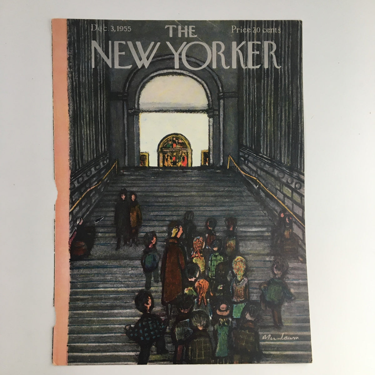 COVER ONLY The New Yorker December 3 1955 with a depiction of individuals gathered on large stairs in front of an entrance, highlighting the unique art by Abe Birnbaum.