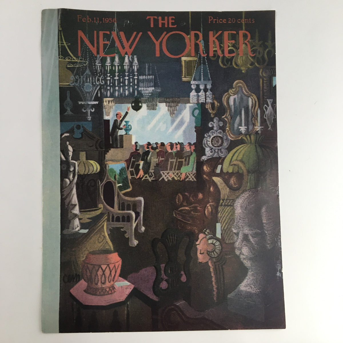 The New Yorker magazine cover from February 11, 1956, designed by Charles E. Martin, illustrating an elegant setting with chandeliers and an audience.