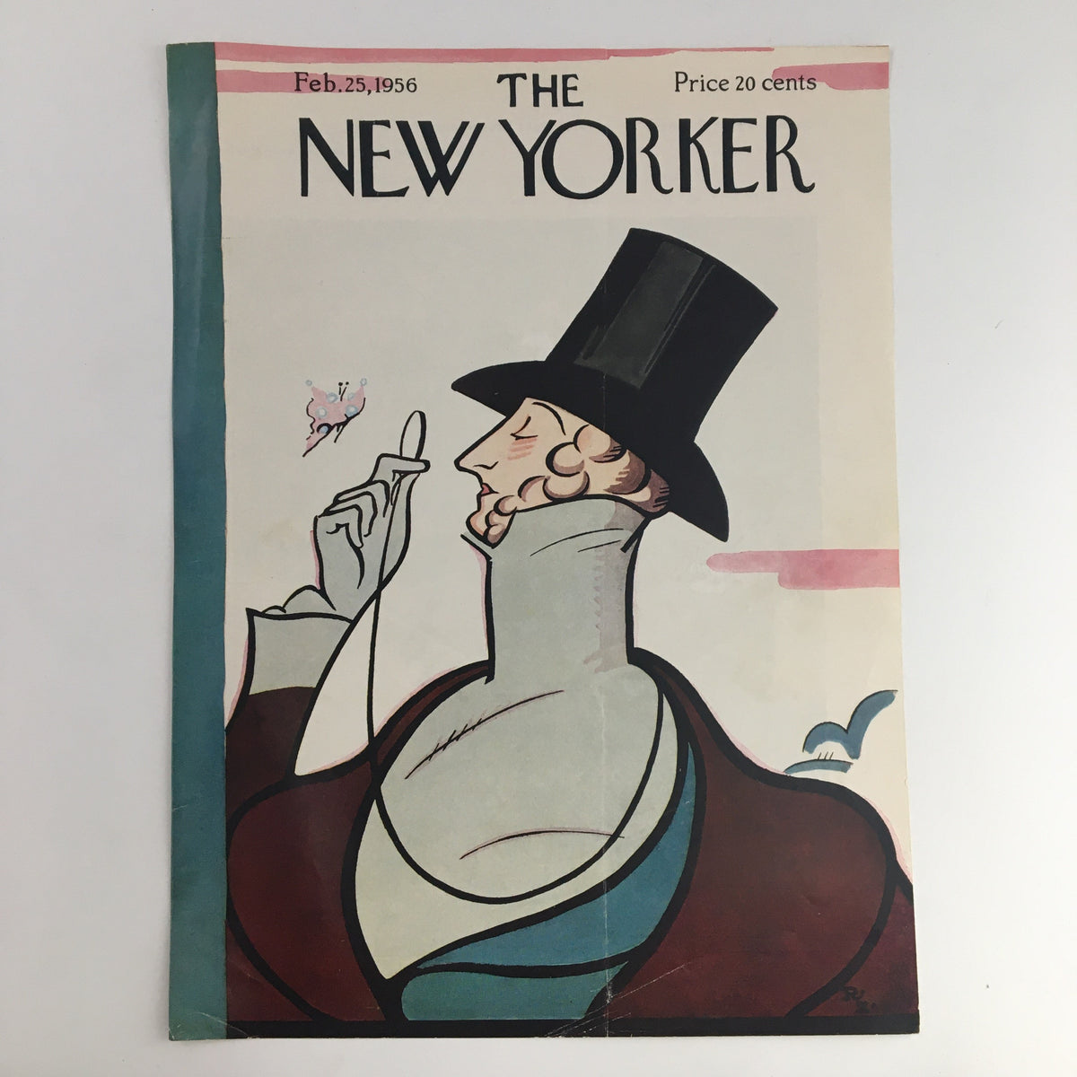 Authentic magazine cover of The New Yorker from February 25, 1956, showcasing stylish design by artist Rea Irvin, depicting a refined man in formal attire.