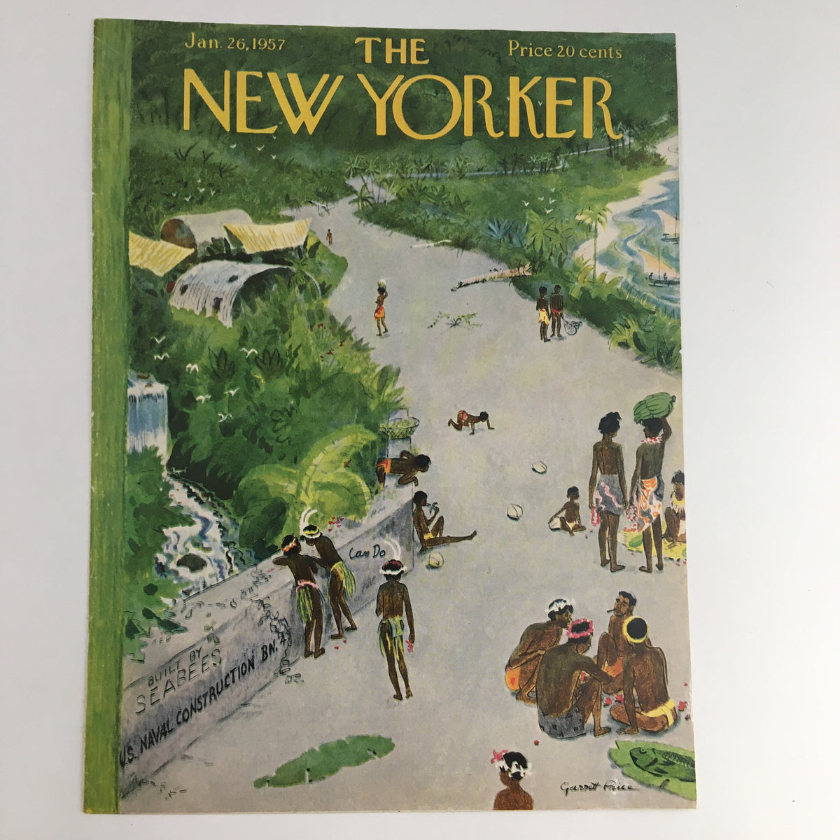 COVER ONLY The New Yorker January 26 1957 showcasing an artistic illustration by Garrett Price, illustrating vibrant tropical life with people and lush greenery.
