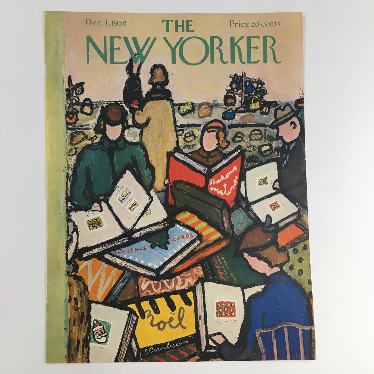 The New Yorker December 1 1956 Full Cover featuring artwork by Abe Birnbaum, depicting people browsing colorful Christmas card designs.
