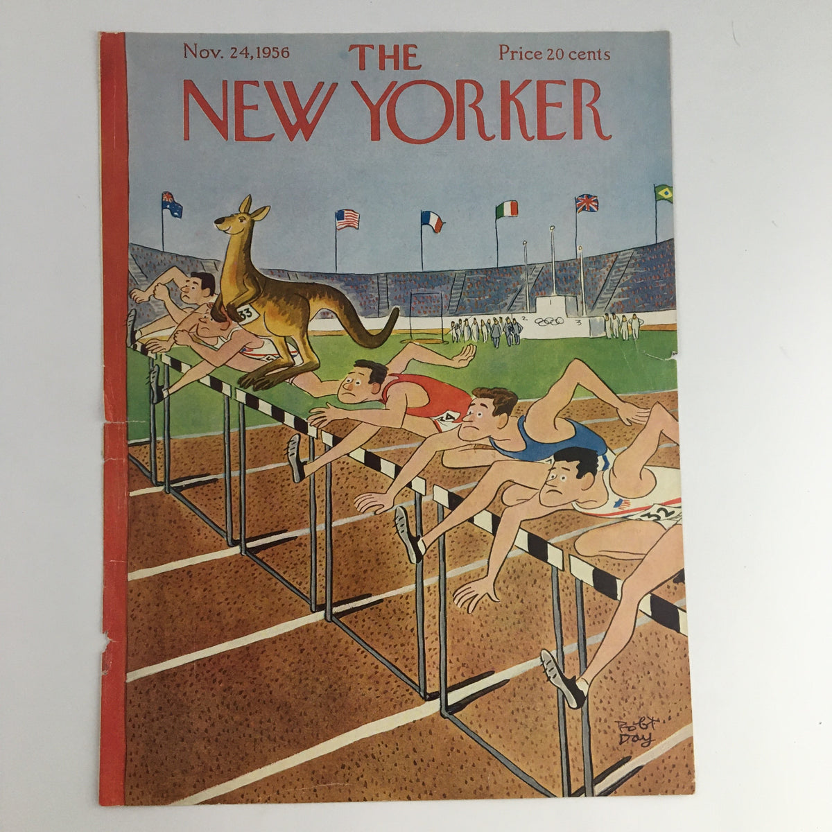 The New Yorker cover dated November 24, 1956, illustrated by Robert J. Day, depicting a humorous athletic scene with a kangaroo and runners.
