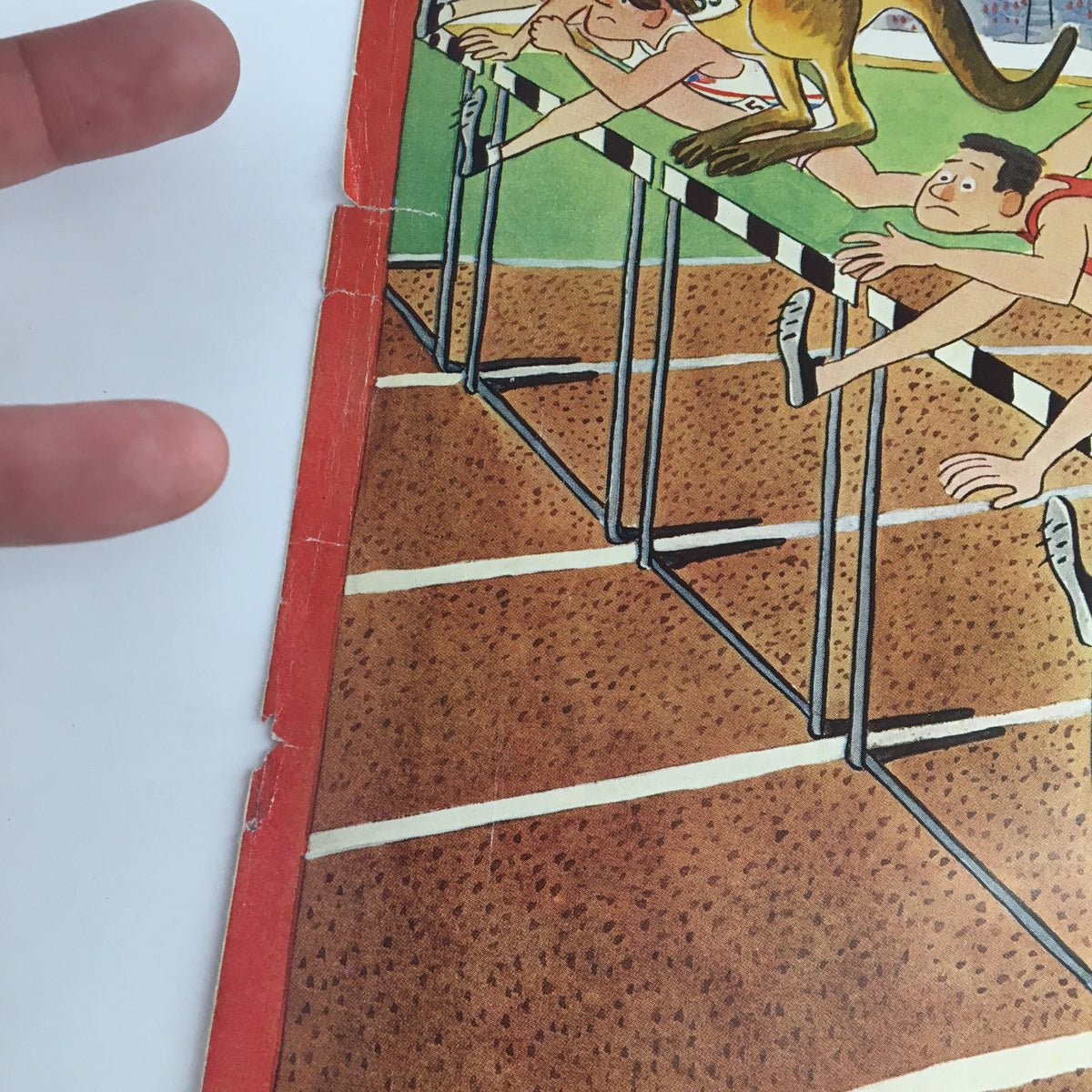 Close-up view of The New Yorker cover from November 24, 1956 by Robert J. Day, highlighting the details of the runners and the kangaroo in the race.