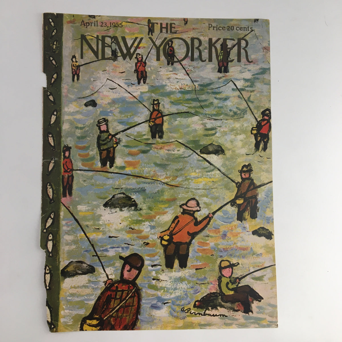The New Yorker April 23 1955 cover by Abe Birnbaum depicting anglers fishing by the river, showcasing vintage mid-century artwork.