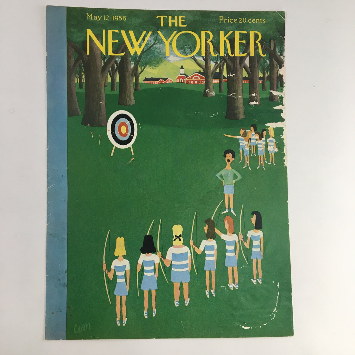 Original cover of The New Yorker from May 12, 1956, designed by Charles E. Martin, showcasing a playful depiction of archers and a target in a lush green landscape.