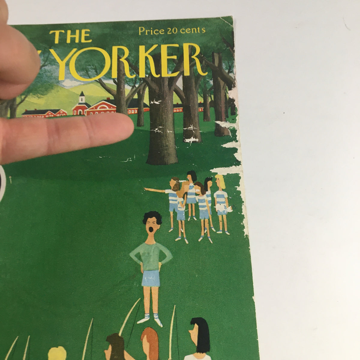 Close-up view of The New Yorker May 12 1956 cover by Charles E. Martin, featuring colorful illustrations of children outdoors with a finger pointing at the scene, emphasizing mid-century artistic style.