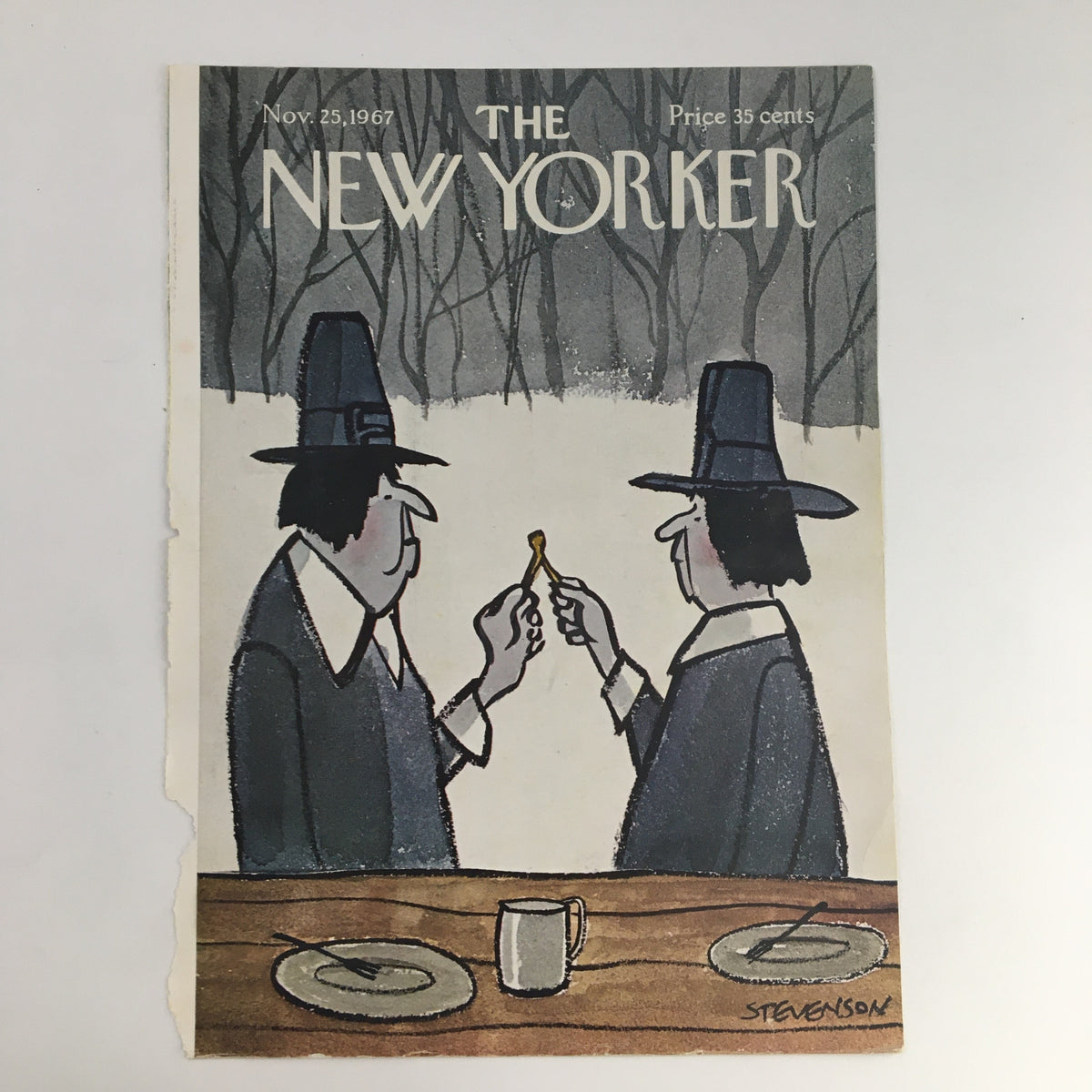 COVER ONLY The New Yorker November 25 1967 showcasing a humorous scene with two men in hats clinking a wishbone, illustrated by James Stevenson.