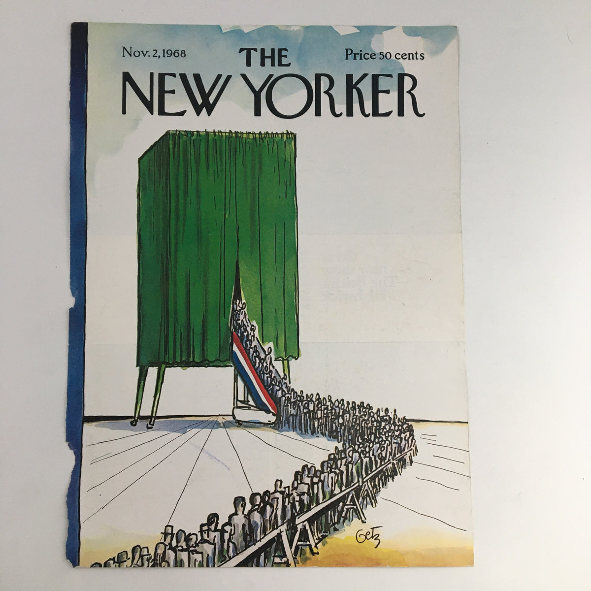 COVER ONLY The New Yorker November 2 1968 Full Cover Theme by Arthur Getz, featuring an artistic illustration of a large green curtain and a line of people waiting, representing historical significance.