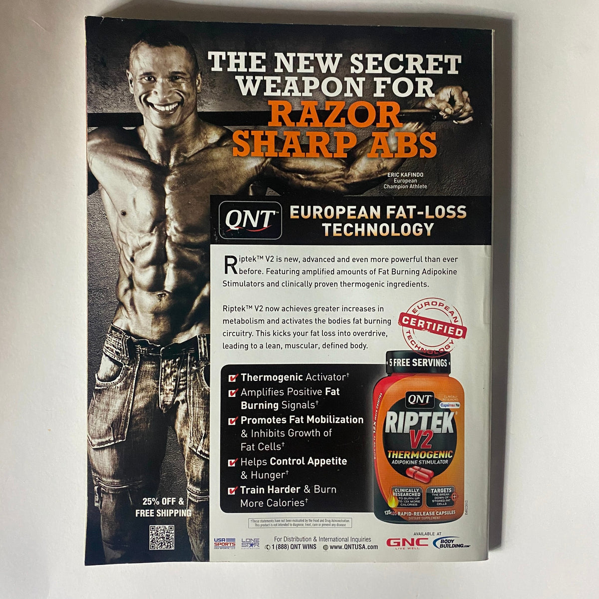 Back cover of Iron Man Magazine February 2012, advertising QNT European Fat-Loss Technology with a focus on Riptek V2, highlighting features for achieving razor-sharp abs.
