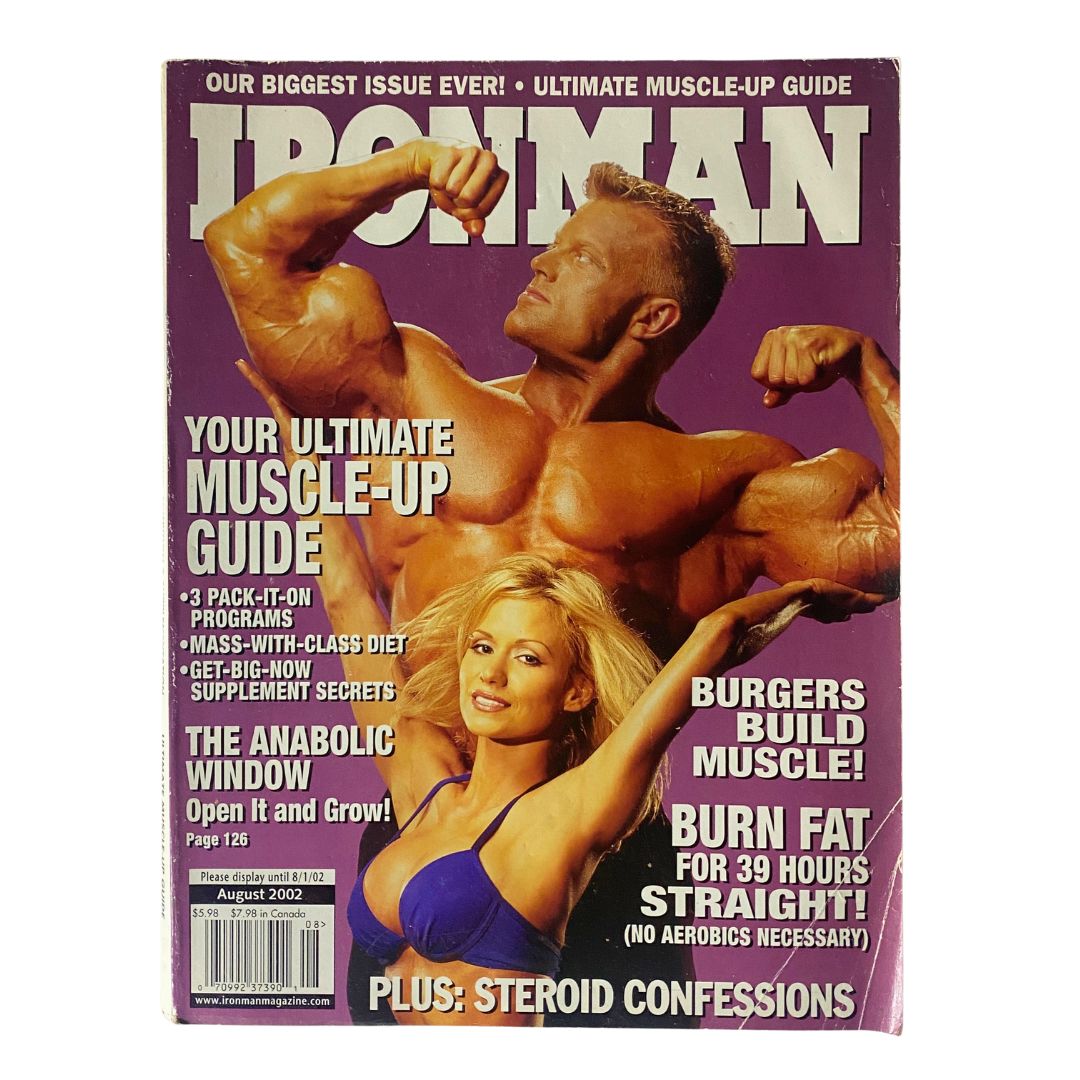 Iron Man Magazine August 2002 featuring Brandi Flowers and Todd Smith on the cover, showcasing topics like muscle-building techniques and fitness tips.