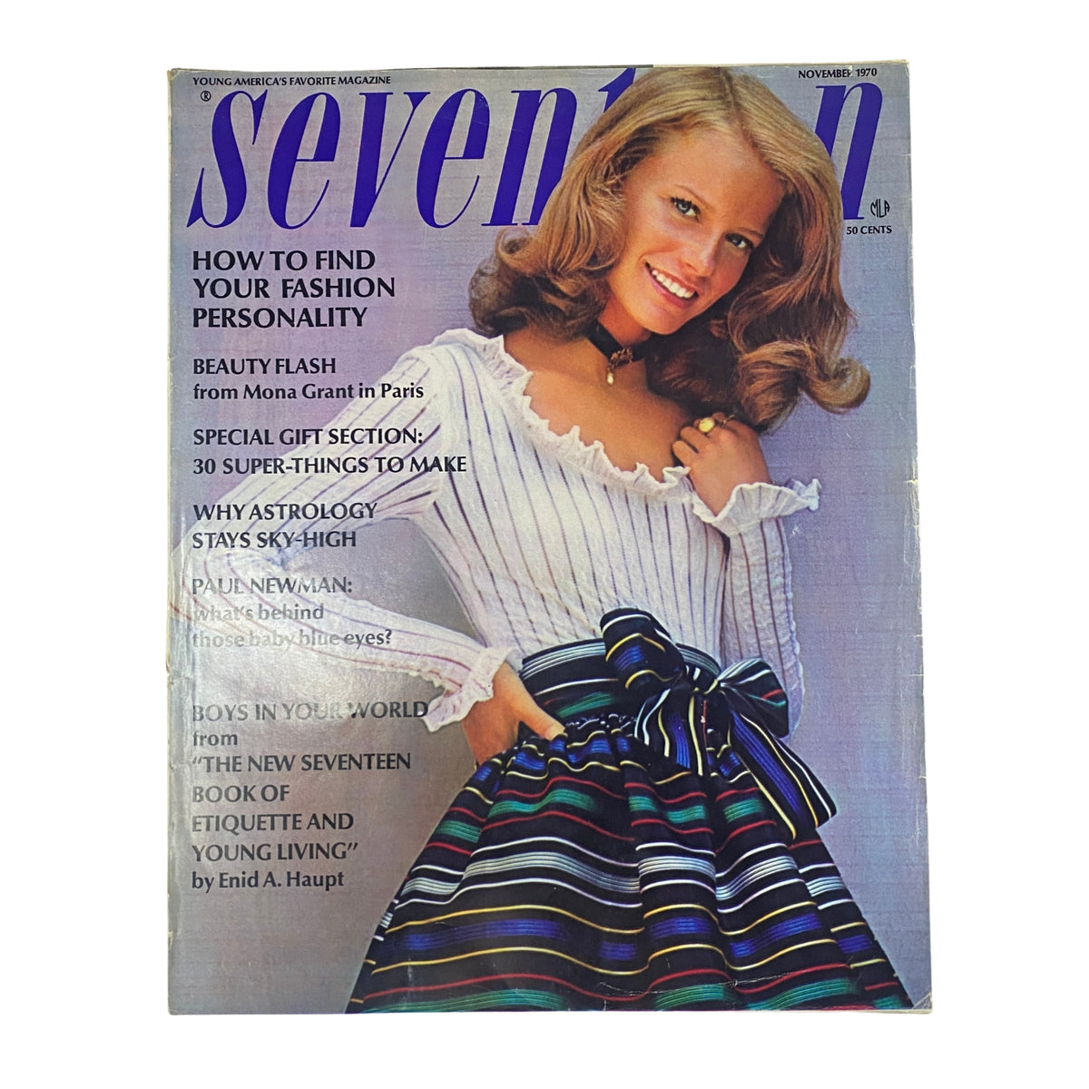 Cover of Seventeen Magazine November 1970 featuring the title 'How to Find Your Fashion Personality' and a young woman with a stylish hairstyle and striped skirt, highlighting beauty tips from Mona Grant in Paris.