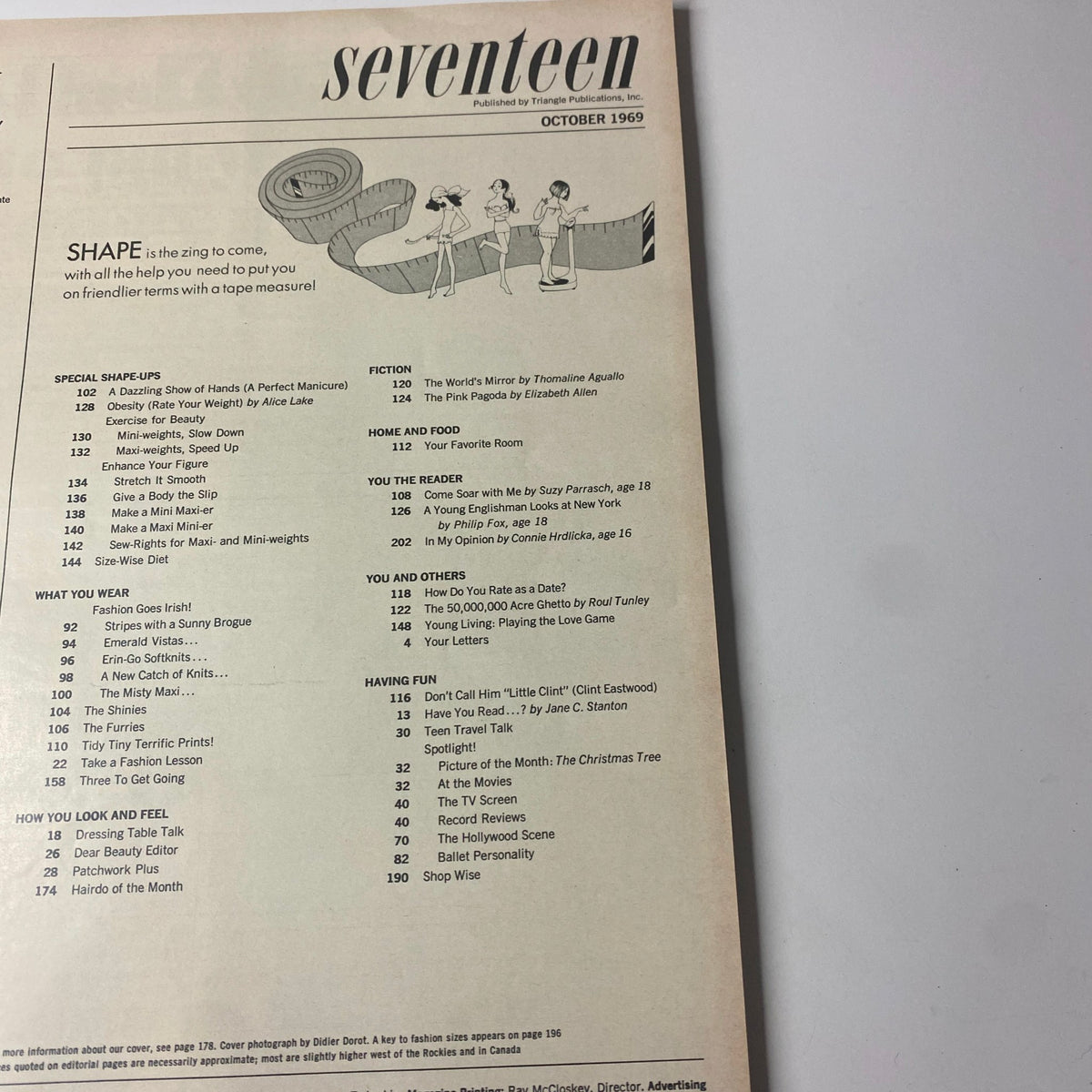 Table of contents from Seventeen Magazine October 1969 Special Shape Up Issue, outlining various articles including beauty and fashion advice, and cultural commentary.