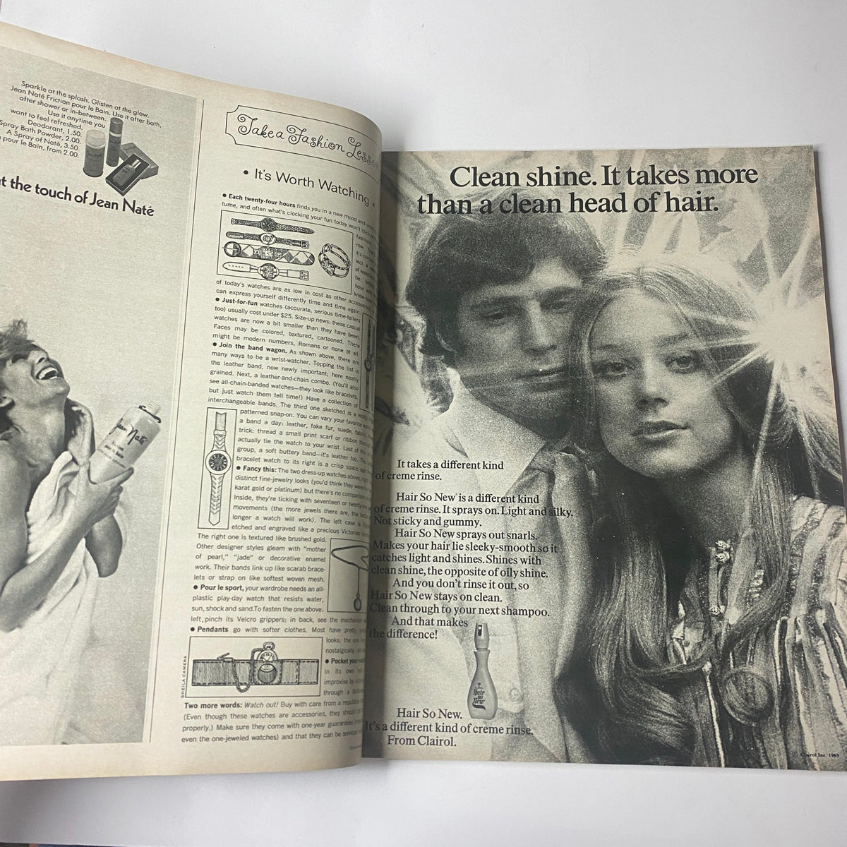 Seventeen Magazine October 1969 Special Shape Up Issue - An advertisement featuring a couple with clean, shiny hair, promoting hair care products from Clairol. The ad emphasizes the importance of using the right shampoo for beautiful hair.