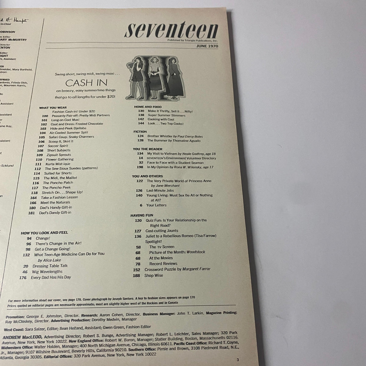 Table of contents for Seventeen Magazine June 1970 Special Issue Summer Savings, outlining articles and features related to summer fashion and wellness.