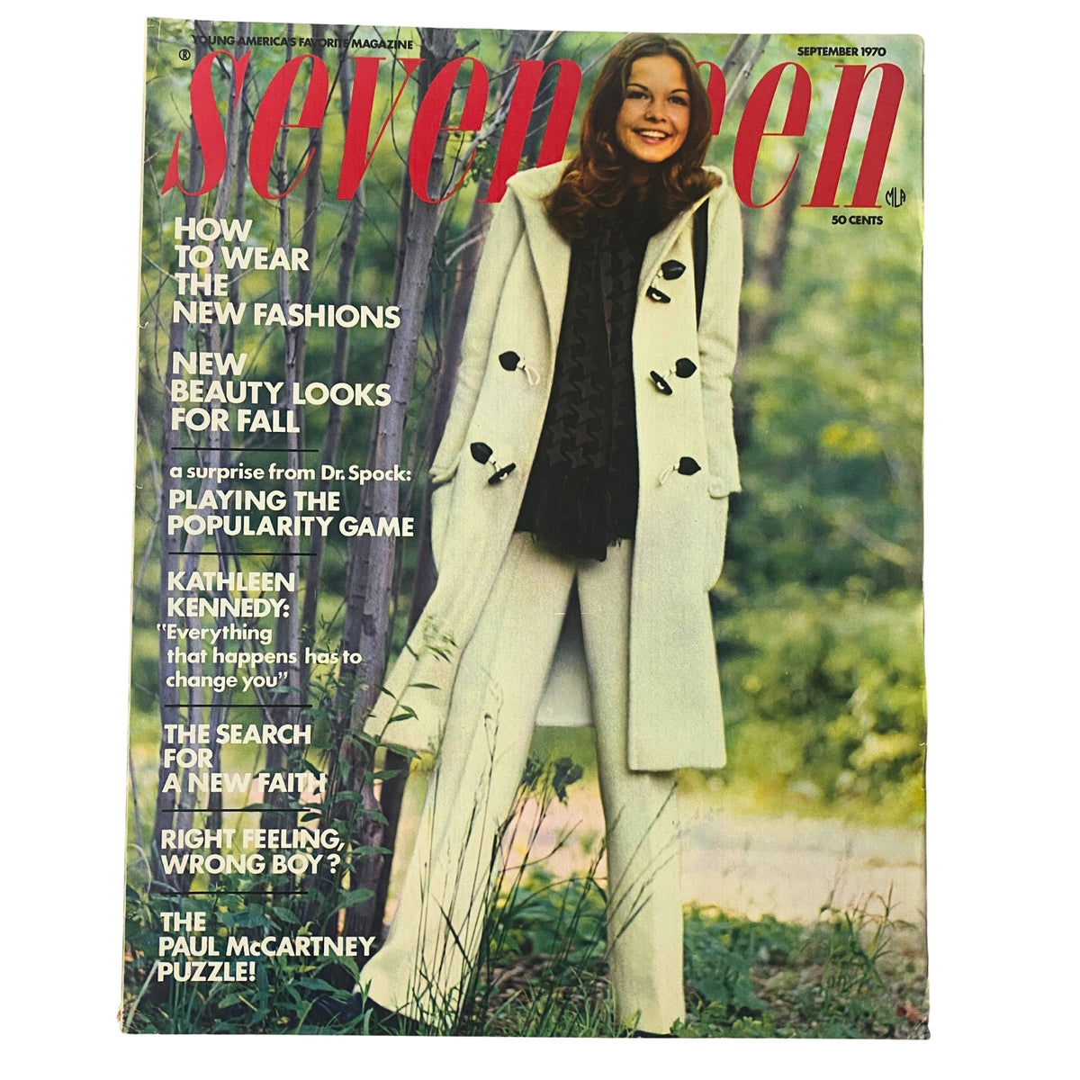 Cover of Seventeen Magazine September 1970 featuring a young woman in a stylish coat, with the headline ‘The Paul McCartney Puzzle’ along with fashion and beauty topics.