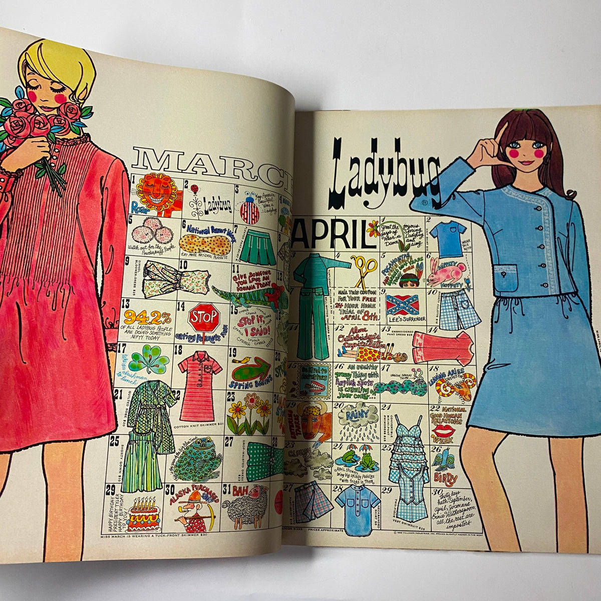 Interior spread from Seventeen Magazine March 1969 illustrating colorful fashion designs and a calendar for March and April, reflecting the vibrant style of the late 1960s.