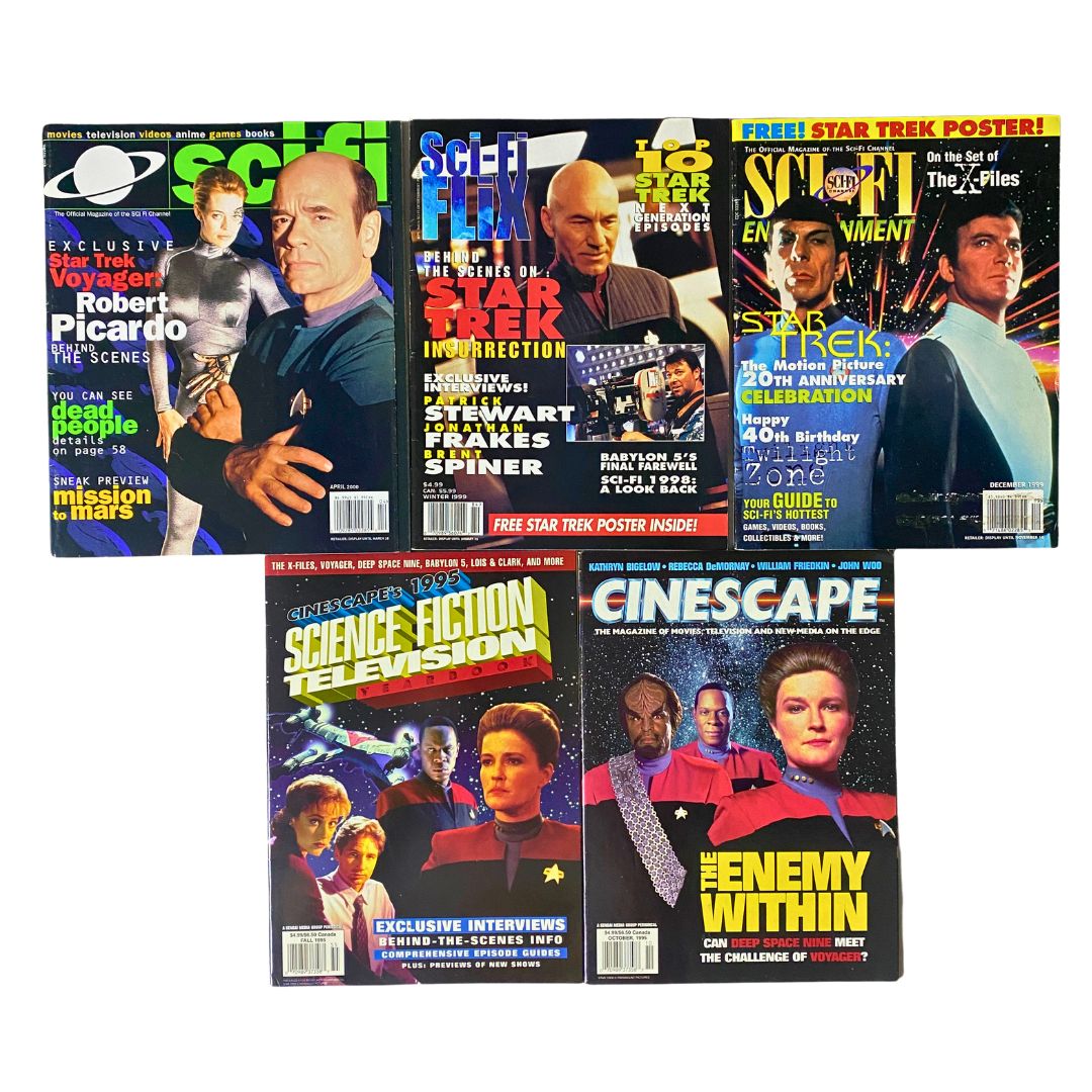 Collection of six vintage science fiction magazines, highlighting Star Trek and featuring Patrick Stewart, including titles like SciFi Magazine and Cinescape. Perfect for collectors and fans of vintage memorabilia.