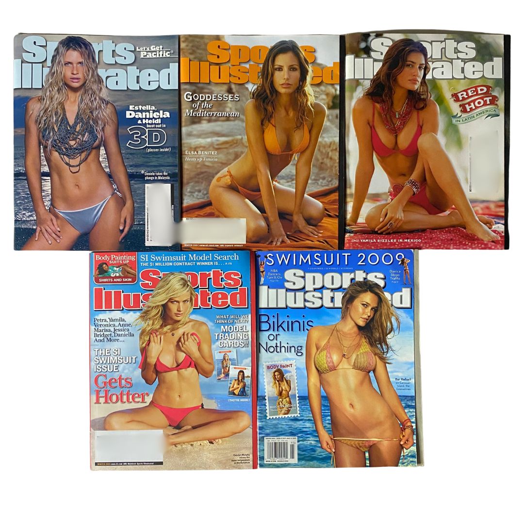 Lot of 5 Sports Illustrated Magazine The Swimsuit Issue featuring stunning covers from 2000, 2001, 2005, and 2009 showcasing models in bikinis, perfect for collectors of vintage sports magazines.