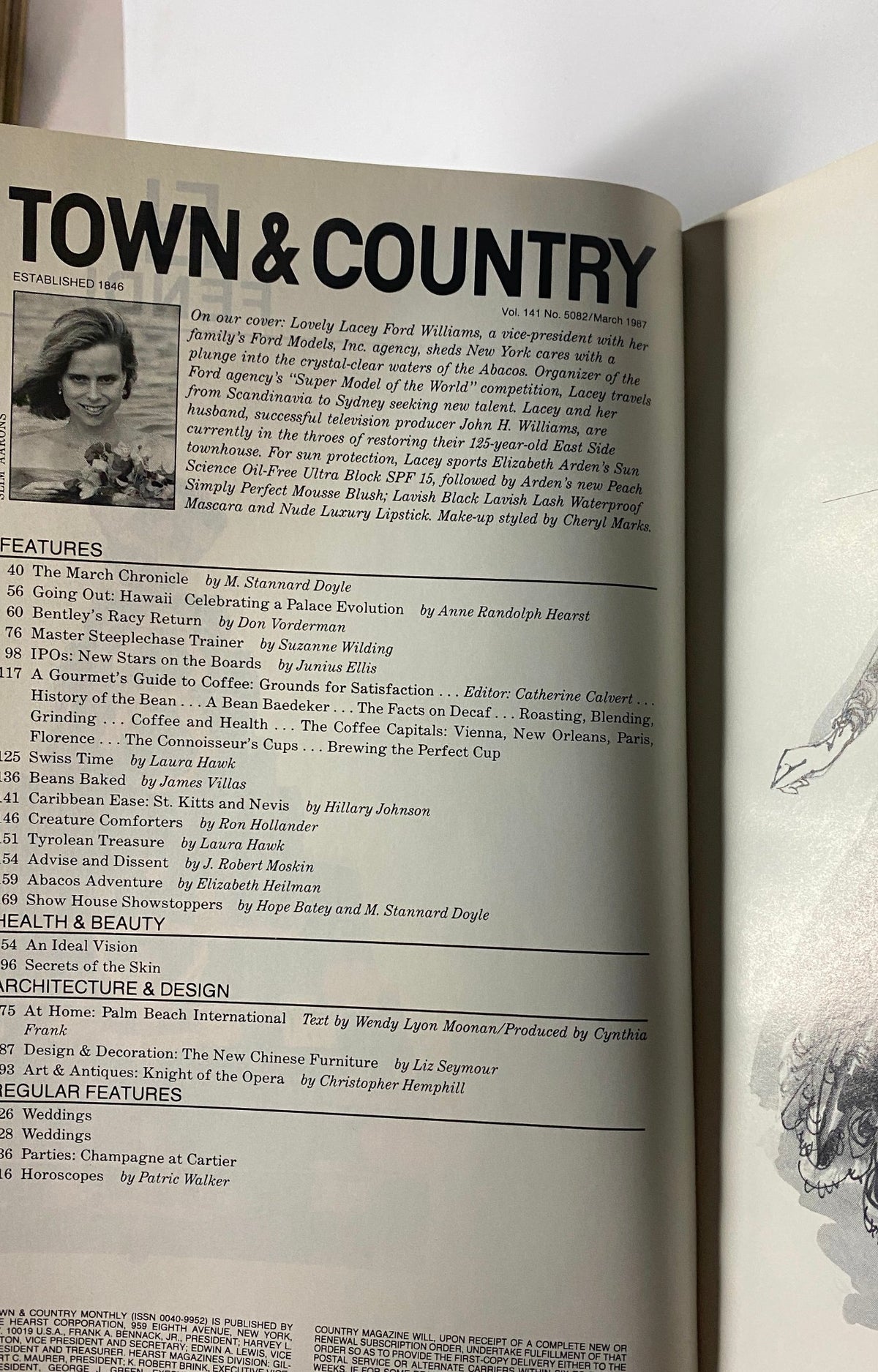 Inside page of Town & Country Magazine March 1987 detailing features about Lacey Ford Williams and other articles, offering insights into fashion and society.