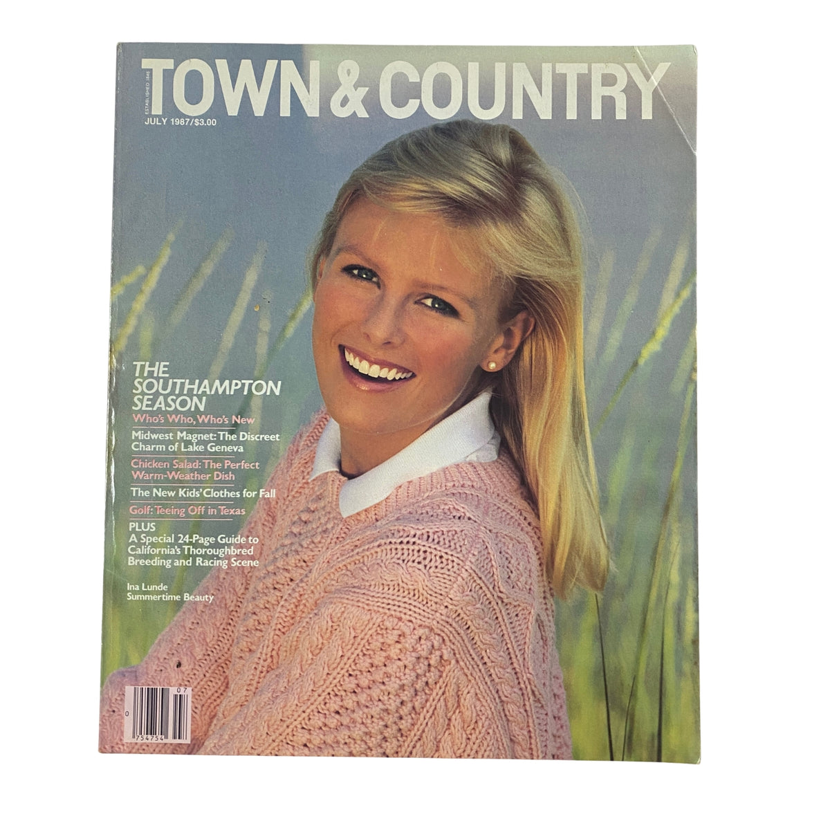 Cover of Town & Country Magazine, July 1987 featuring Norwegian model Ina Lunde smiling outdoors, showcasing summer fashion.