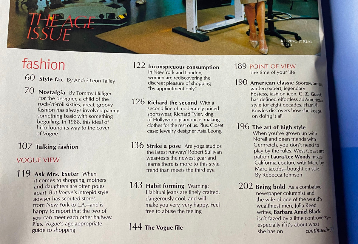 Inside page of Vogue Magazine August 2002 detailing fashion articles including 'Inconspicuous Consumption' and 'The Vogue File', reflecting early 2000s style.