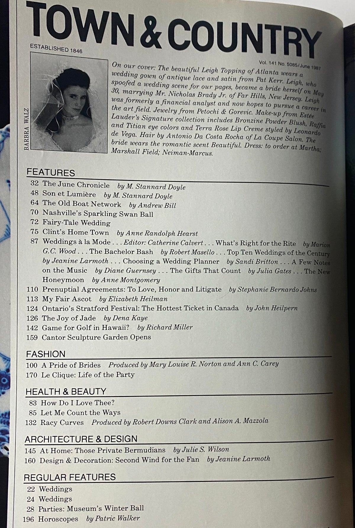 Interior page of Town & Country Magazine June 1987 listing featured articles, including 'The June Chronicle' and 'Nashville's Sparkling Swan Ball'.