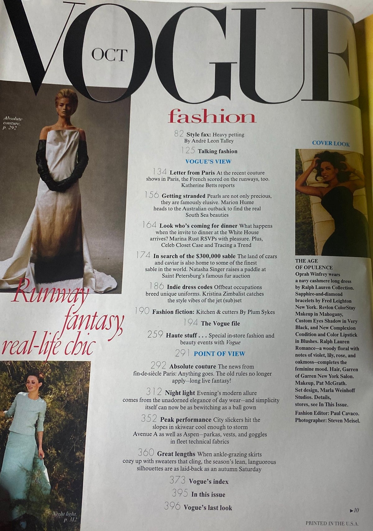 Interior page from Vogue Magazine October 1998, detailing fashion highlights and articles, including the cover look featuring Oprah Winfrey.