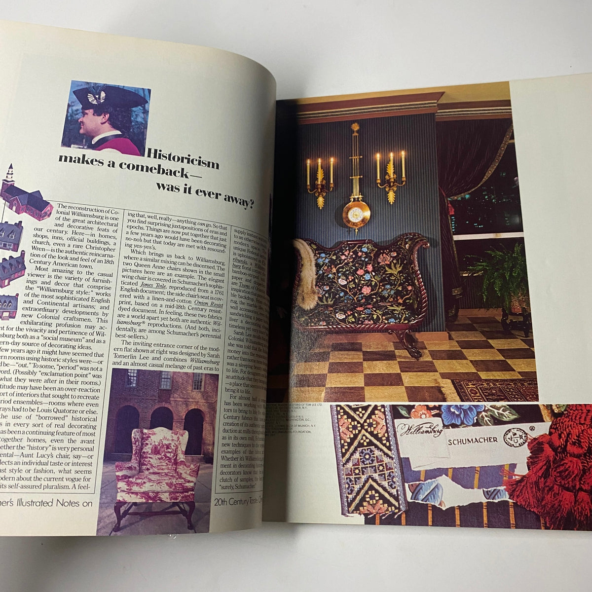 Interior design feature from Town & Country Magazine May 1985, showcasing historicism in decor with ornate furniture and textiles.