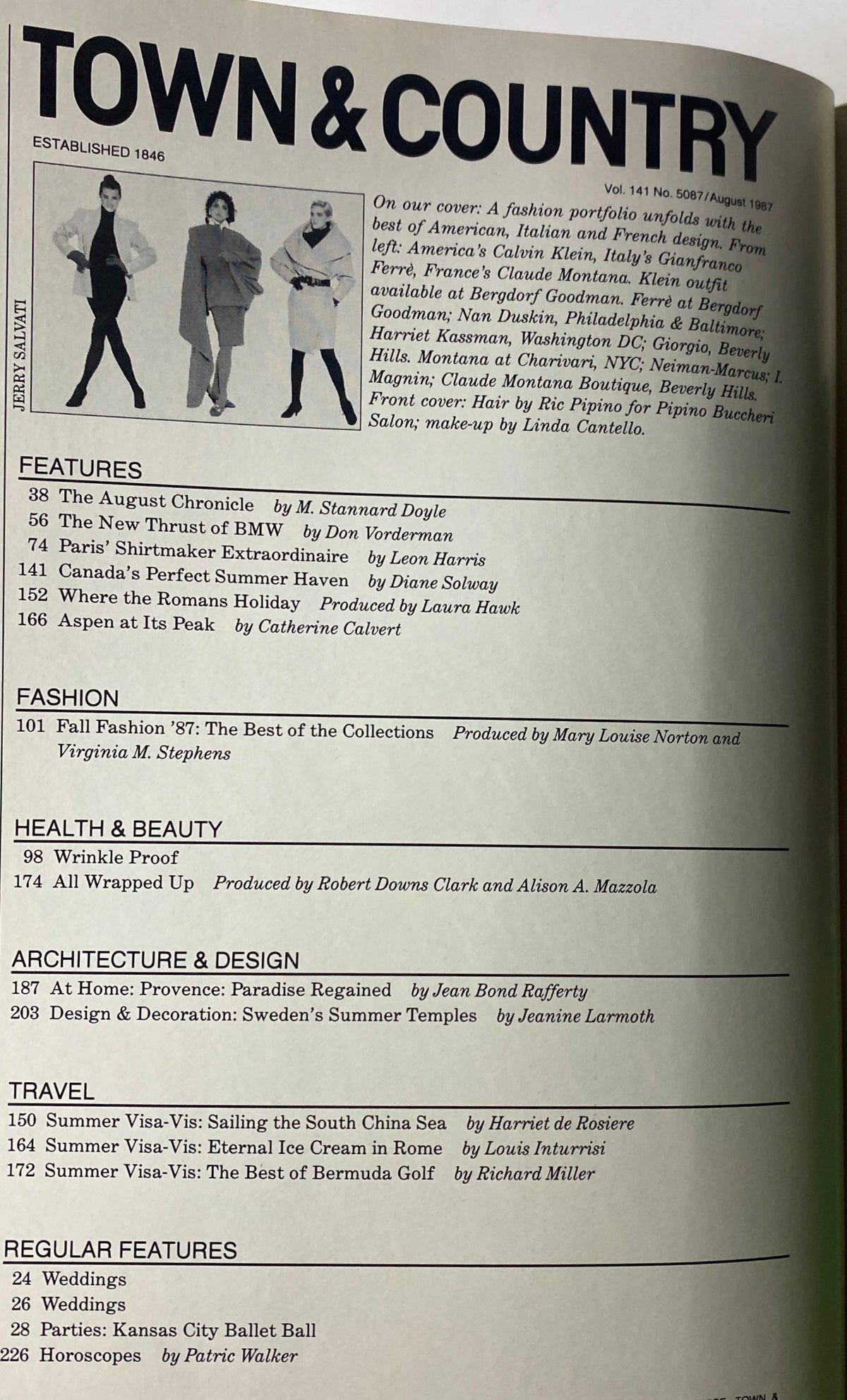 Contents page of Town & Country Magazine August 1987, listing featured articles such as 'The August Chronicle' and 'Fall Fashion 87'. Showcases the magazine's focus on fashion, health, and travel.