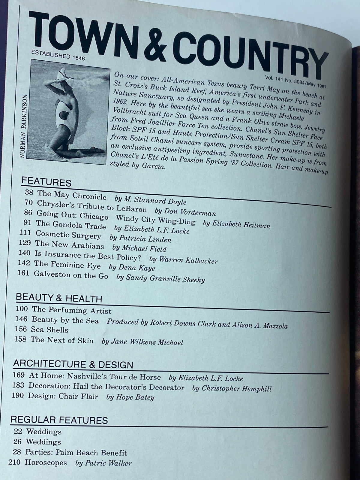 Inside page from Town & Country Magazine May 1987 showcasing features including articles on luxury, beauty, architecture, and design.