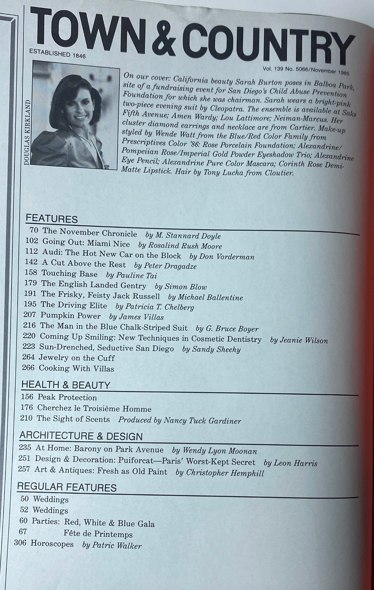 Table of contents from Town & Country Magazine November 1985, highlighting featured articles and sections including weddings and architecture.