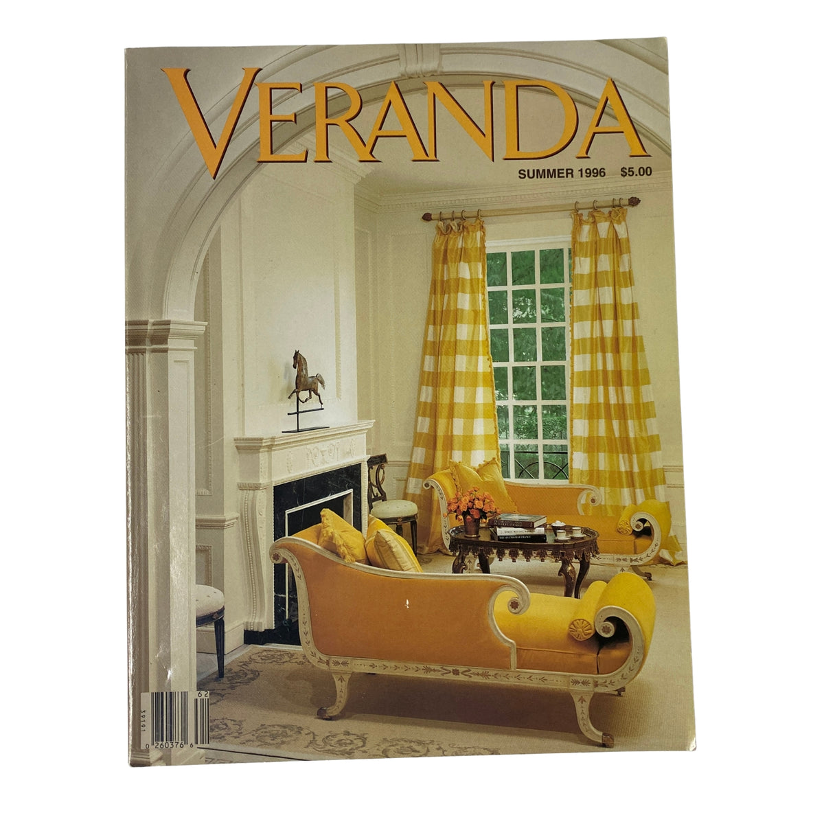 Cover of Veranda Magazine Summer 1996 featuring Mary Douglas Drysdale's Residence with elegant yellow sofas and large window drapes.