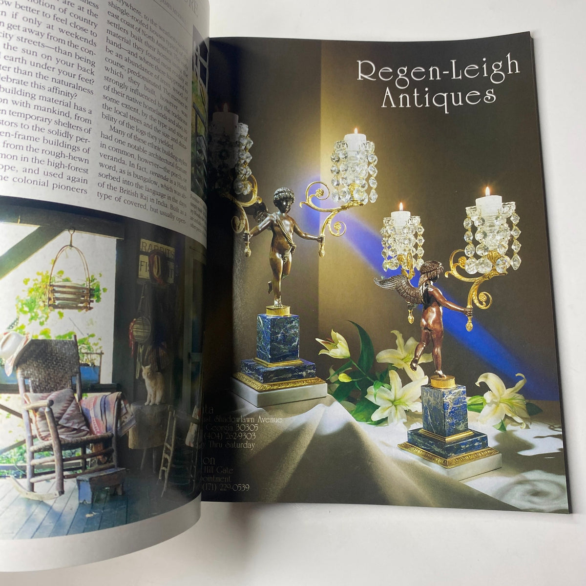 Interior page of Veranda Magazine Summer 1996 showcasing vintage lighting from Regen-Leigh Antiques, highlighting elegant home decor.