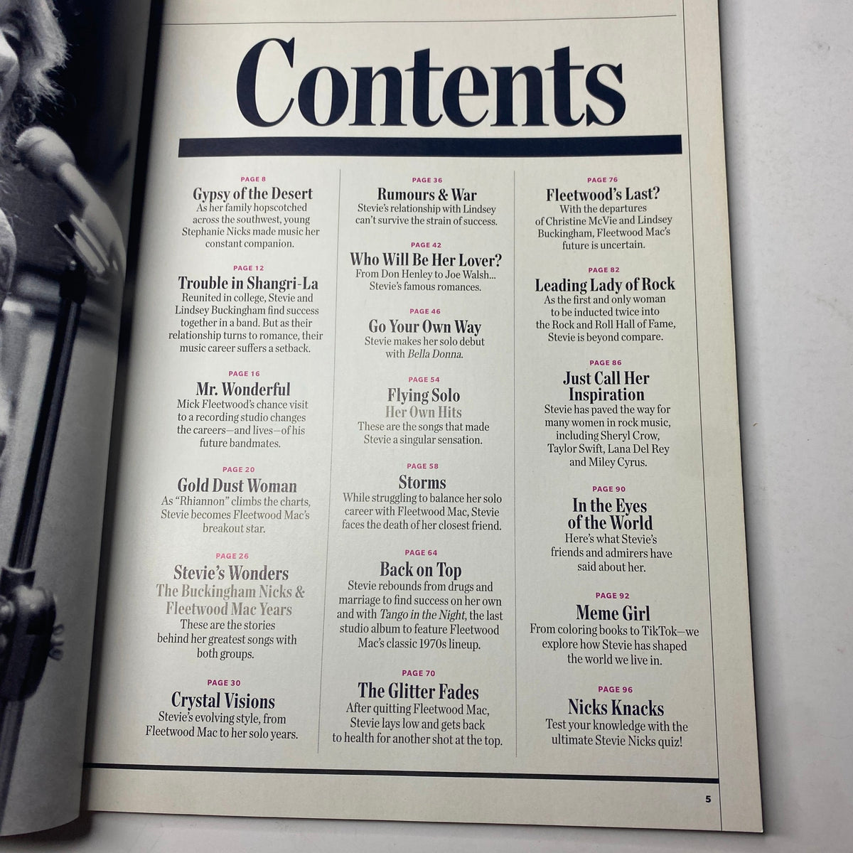 Table of contents for the Music Spotlight Collector's Edition 2021, detailing various articles about Stevie Nicks including 'Gypsy of the Desert' and 'Rumors & War'.