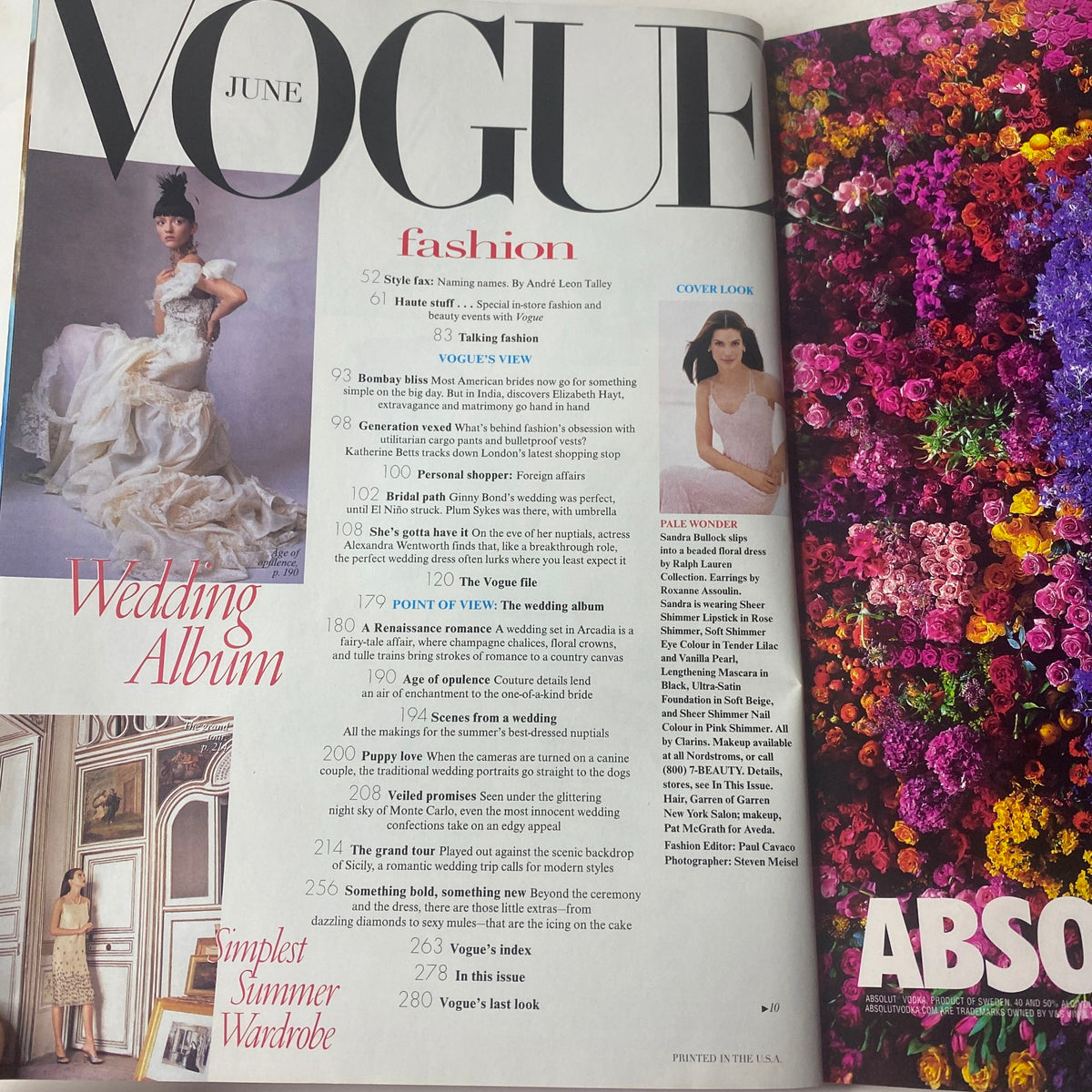 Inside page of Vogue Magazine June 1998 showcasing a wedding album feature. The layout includes a model in wedding attire, alongside vibrant floral backgrounds and a structured content overview, highlighting the elegance of bridal fashion.