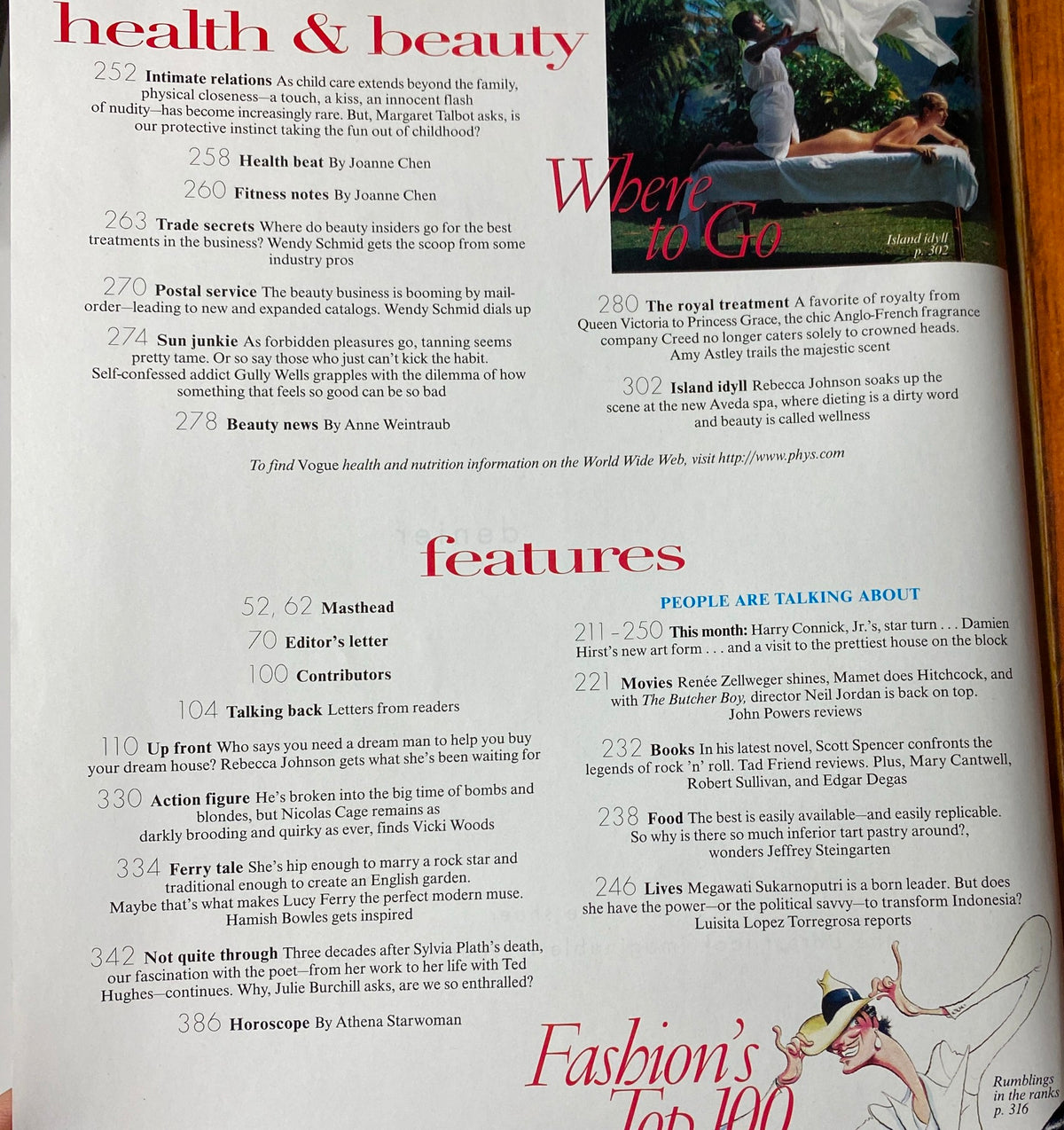 Health and beauty section of Vogue Magazine April 1998, highlighting articles on personal wellness and features like 'People Are Talking About'.