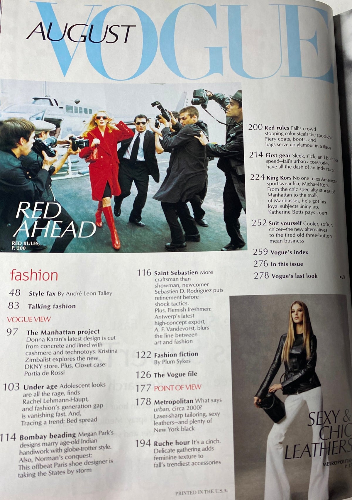 Vogue Magazine August 1999, featuring the editorial pages with articles including 'Red Ahead' and fashion insights by André Leon Talley.