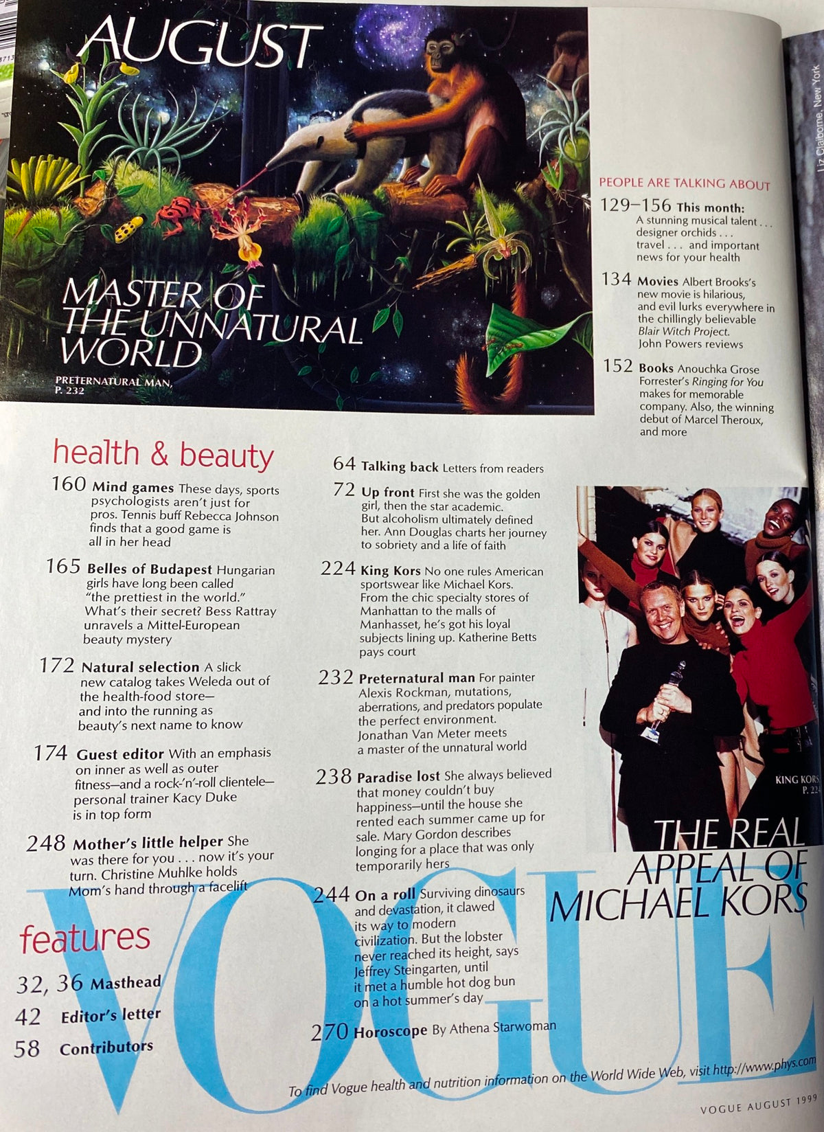 Vogue Magazine August 1999, showcasing the article 'Master of the Unnatural World' alongside various health and beauty topics.