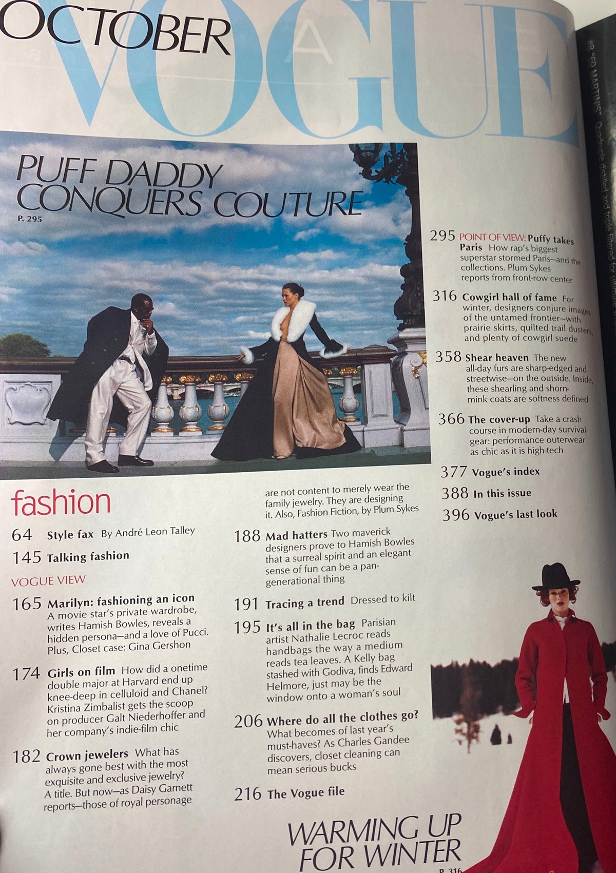 Interior page from Vogue Magazine October 1999, featuring a fashion editorial titled 'Puff Daddy Conquers Couture' and highlights of the issue.