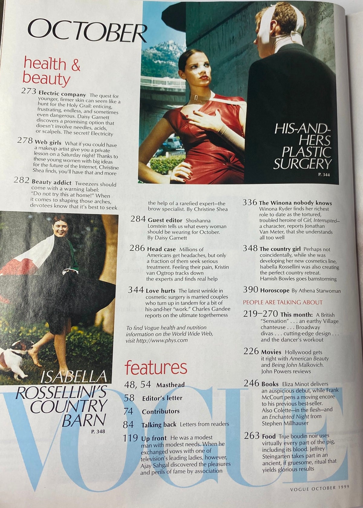 Another interior page from Vogue Magazine October 1999, displaying health and beauty sections along with features on Isabella Rossellini.