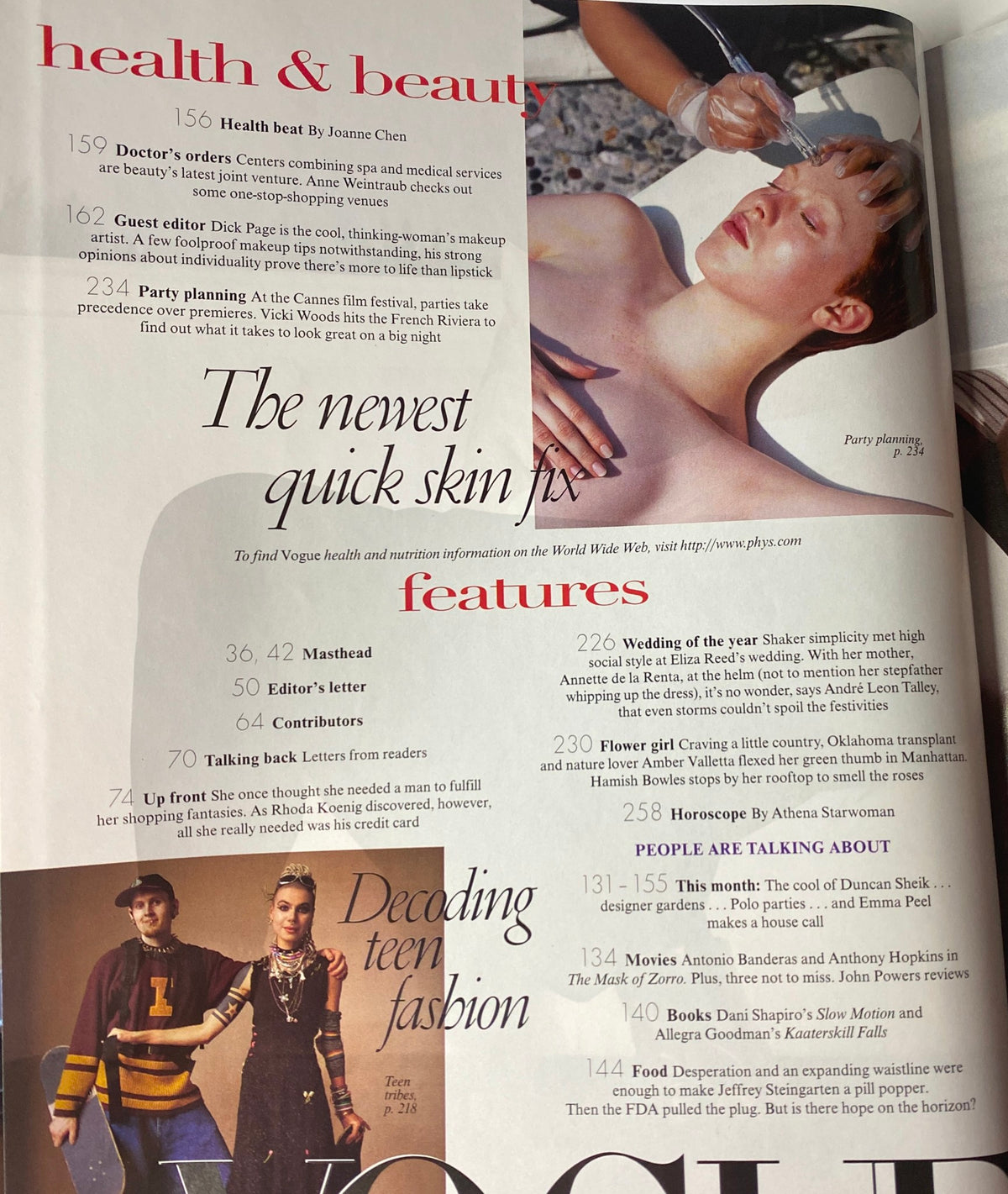 Vogue Magazine August 1998 Carolyn Murphy inside page highlighting health and beauty articles, including 'Doctor's Orders' and 'Party Planning', emphasizing wellness trends.