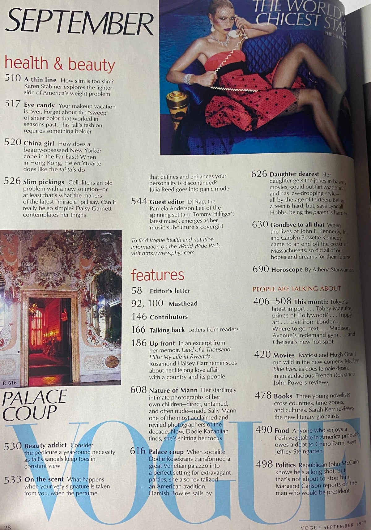 Vogue Magazine September 1999 featuring health and beauty section including topics like body image and cosmetic trends.