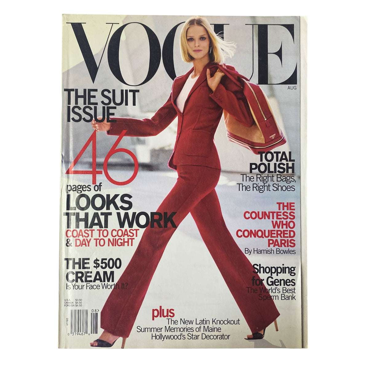 Vogue Magazine August 2000 Carmen Kass Cover, The Suit Issue, featuring a model in a chic red suit posing elegantly on the cover, Very Good Condition.