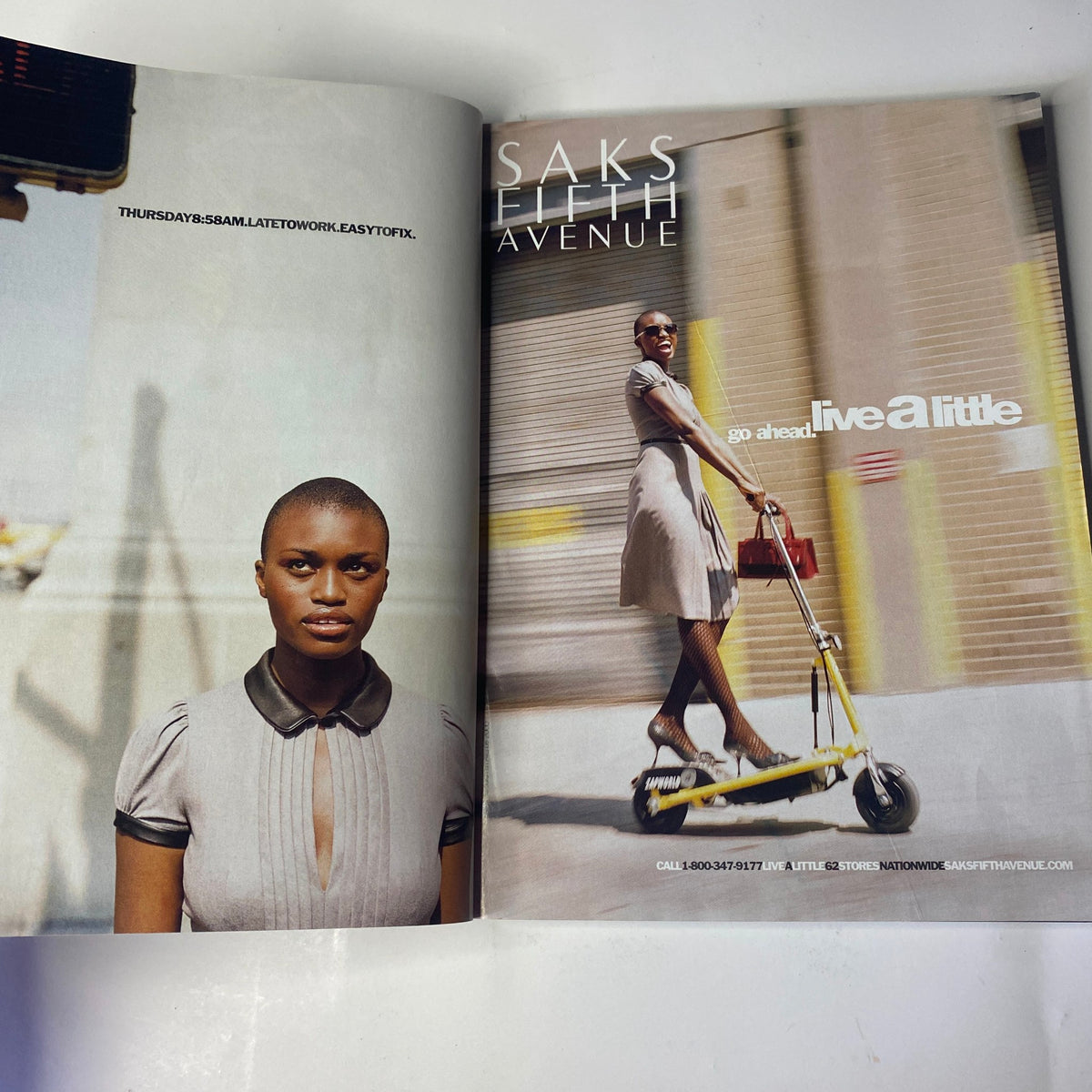 A page from August 2000 Vogue Magazine featuring an advertisement for Saks Fifth Avenue, showcasing a model in stylish clothing promoting a modern, chic lifestyle.